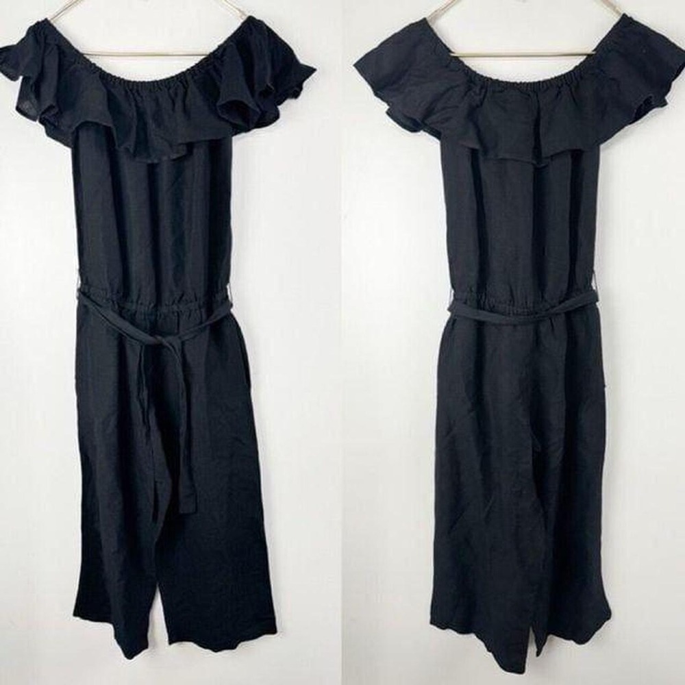 TOMMY BAHAMA Cropped Jumpsuit XS Black Linen Off-The-Shoulder